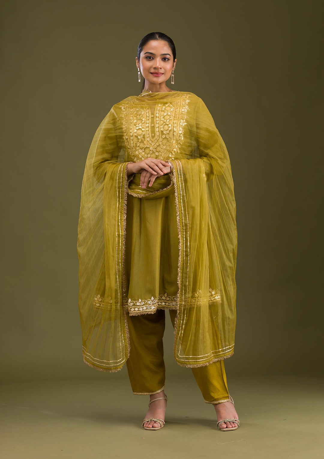 Mehendi Zariwork Semi Crepe Readymade Salwar Suit-Koskii