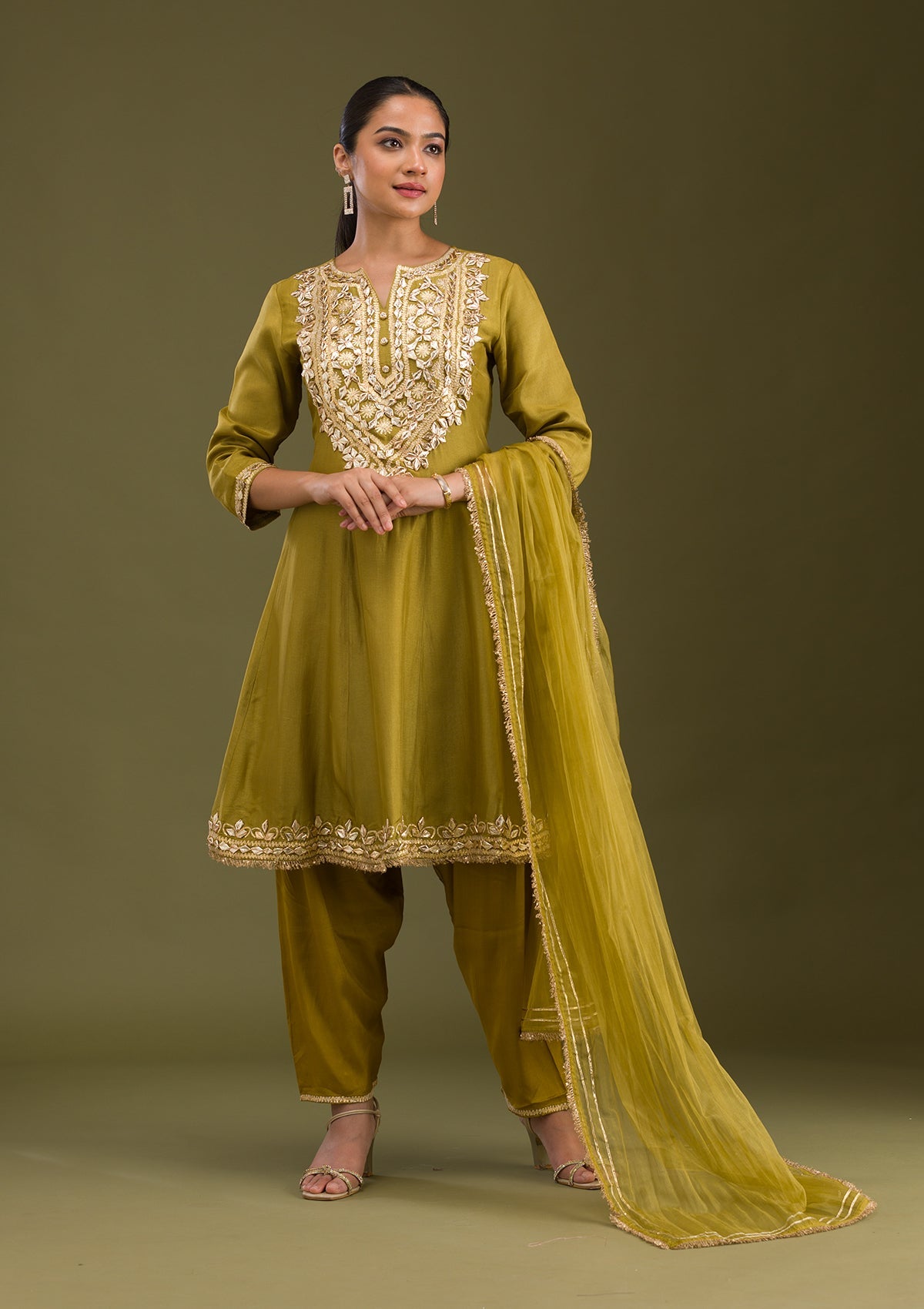 Mehendi Zariwork Semi Crepe Readymade Salwar Suit-Koskii