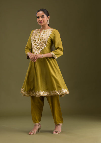 Mehendi Zariwork Semi Crepe Readymade Salwar Suit-Koskii