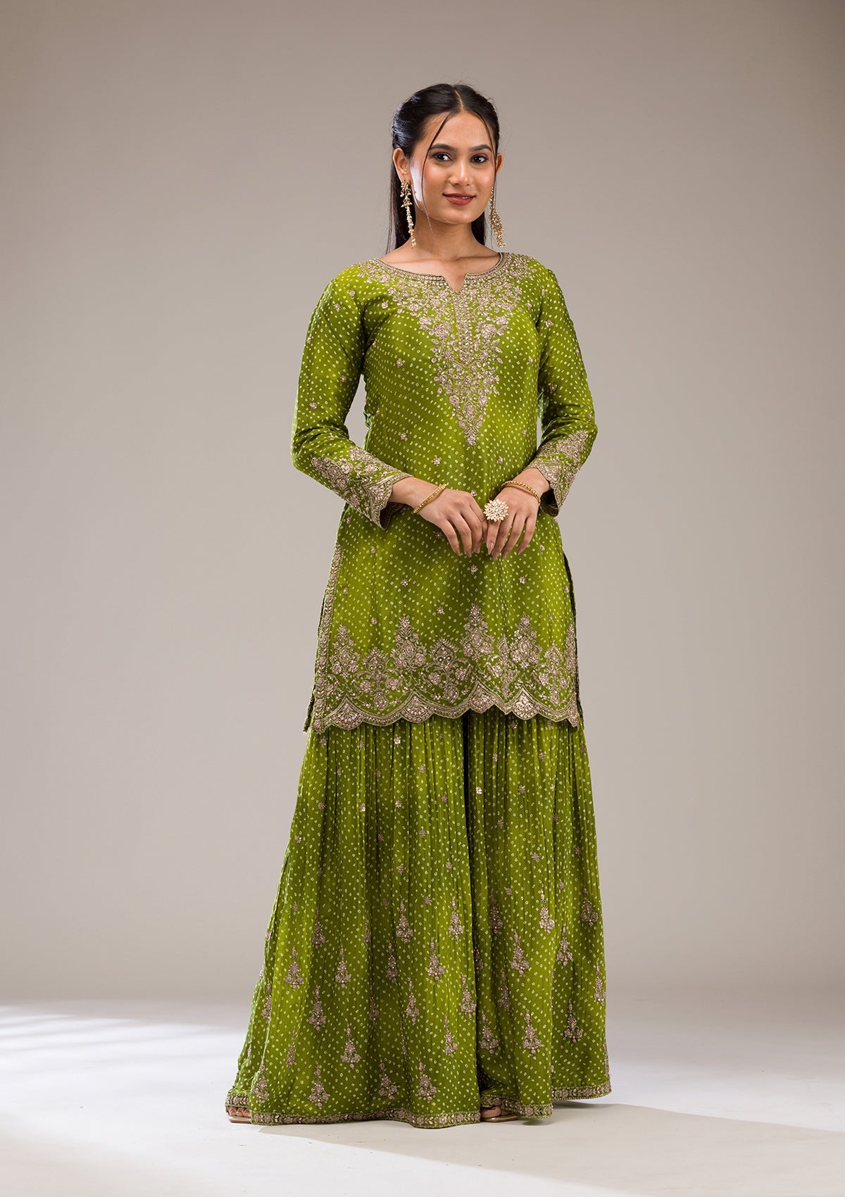 Mehendi Zariwork Semi Crepe Readymade Salwar Suit-Koskii