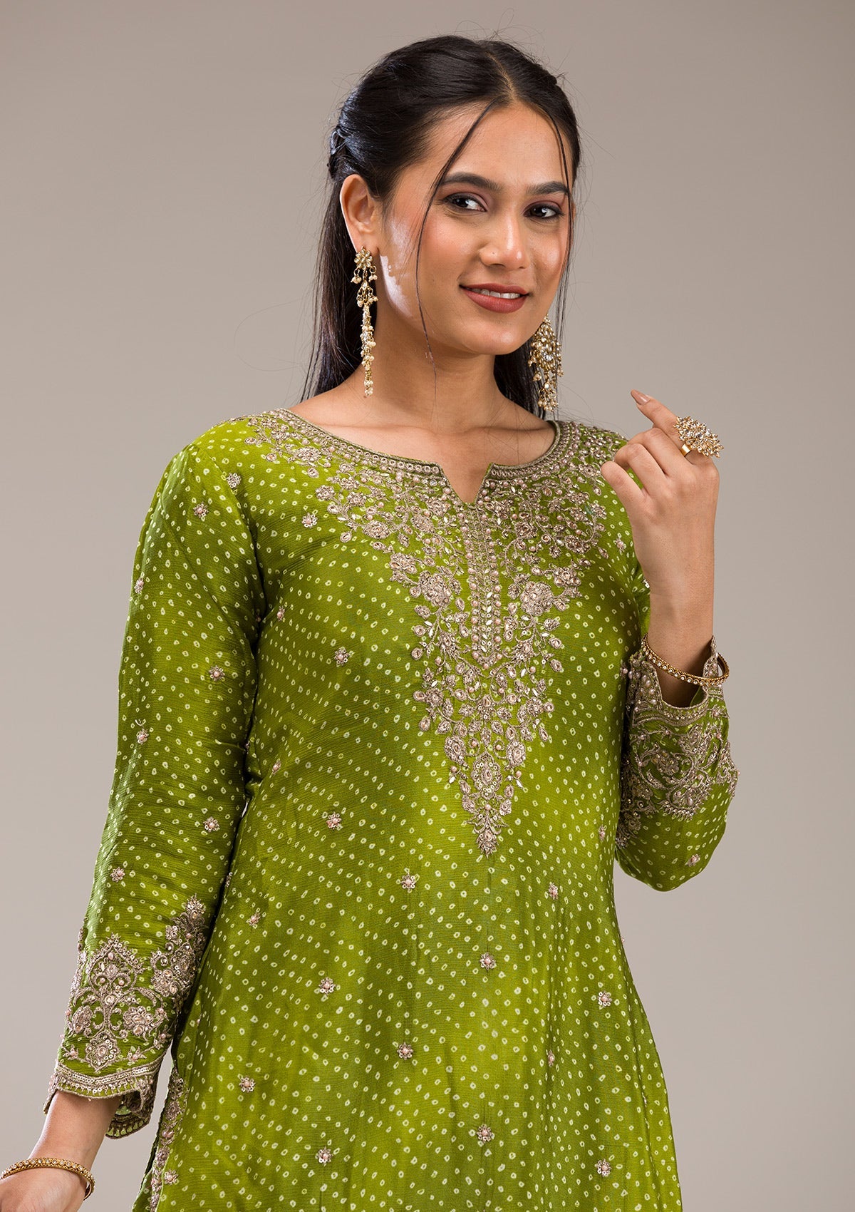 Mehendi Zariwork Semi Crepe Readymade Salwar Suit-Koskii