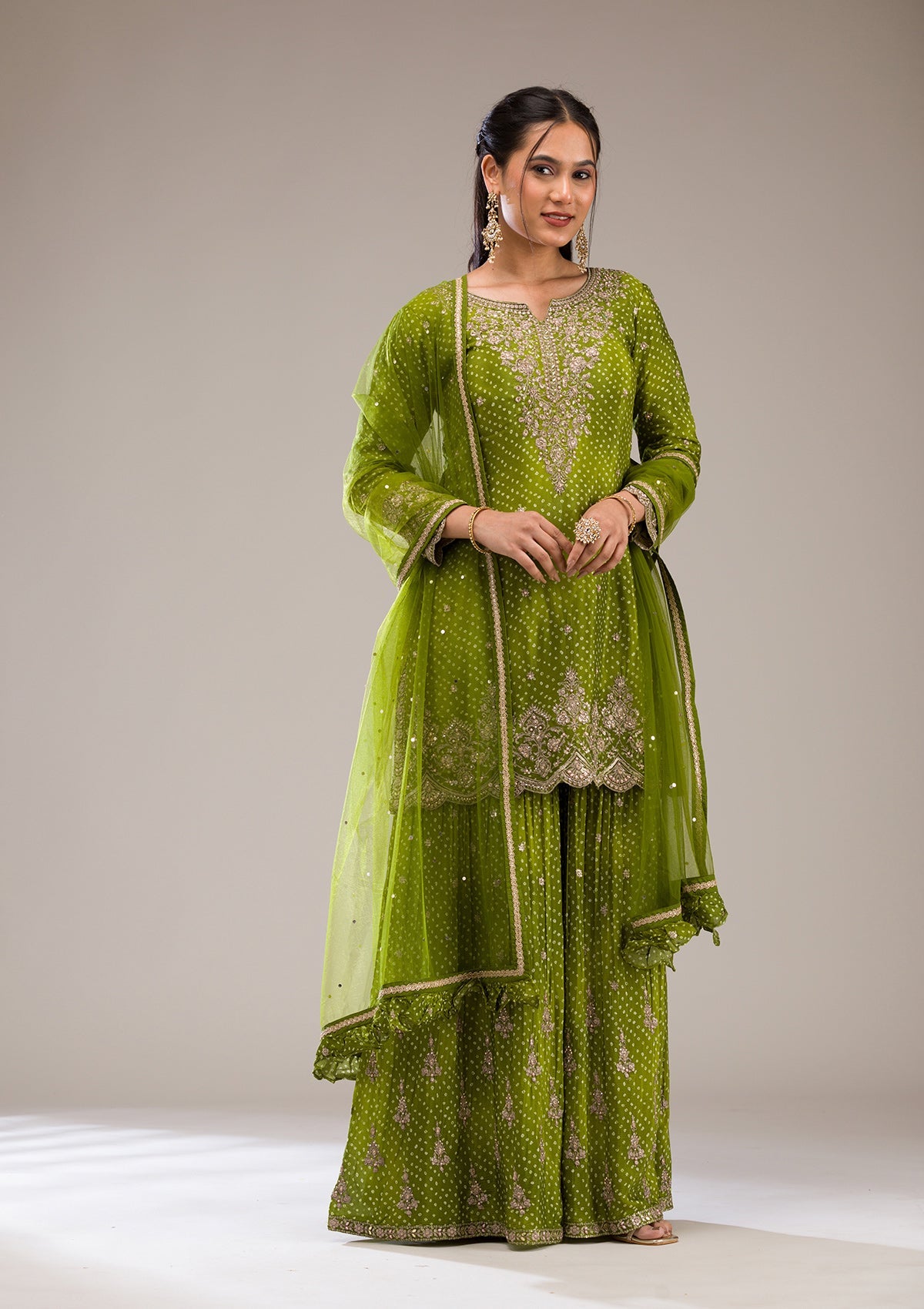 Mehendi Zariwork Semi Crepe Readymade Salwar Suit-Koskii