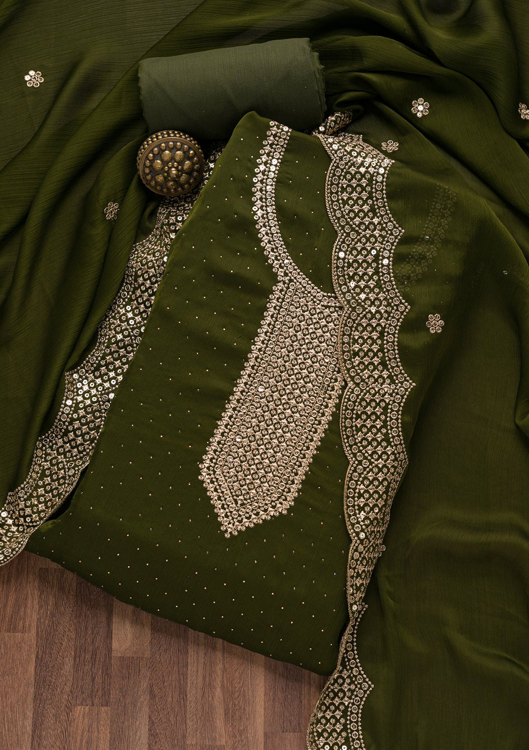 Mehendi Zariwork Semi Crepe Unstitched Salwar Suit-Koskii