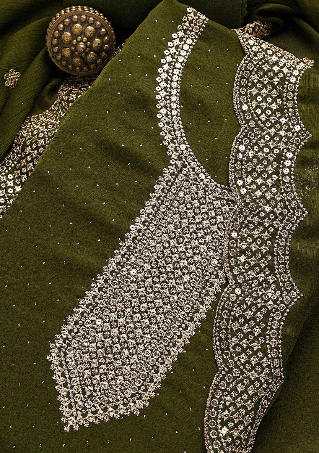 Mehendi Zariwork Semi Crepe Unstitched Salwar Suit-Koskii