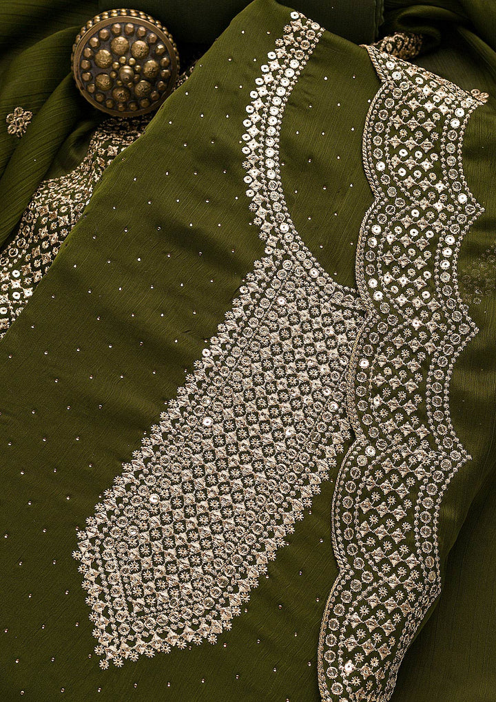 Mehendi Zariwork Semi Crepe Unstitched Salwar Suit-Koskii