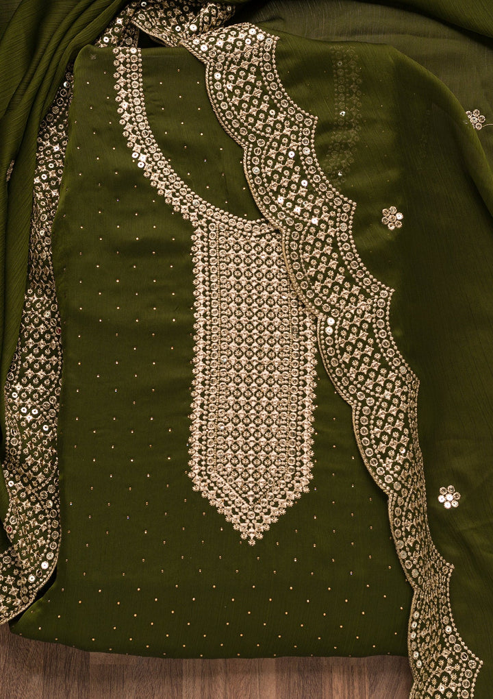 Mehendi Zariwork Semi Crepe Unstitched Salwar Suit-Koskii