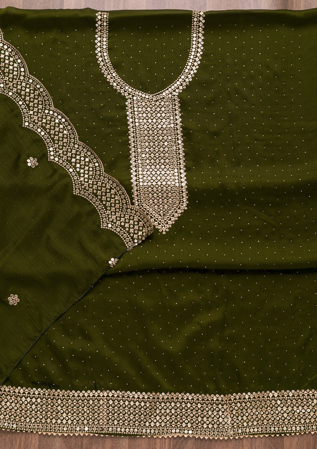 Mehendi Zariwork Semi Crepe Unstitched Salwar Suit-Koskii