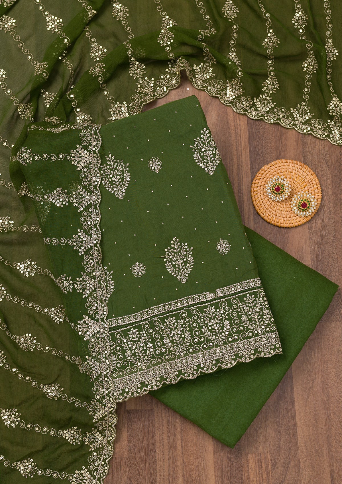 Mehendi Zariwork Semi Crepe Unstitched Salwar Suit-Koskii