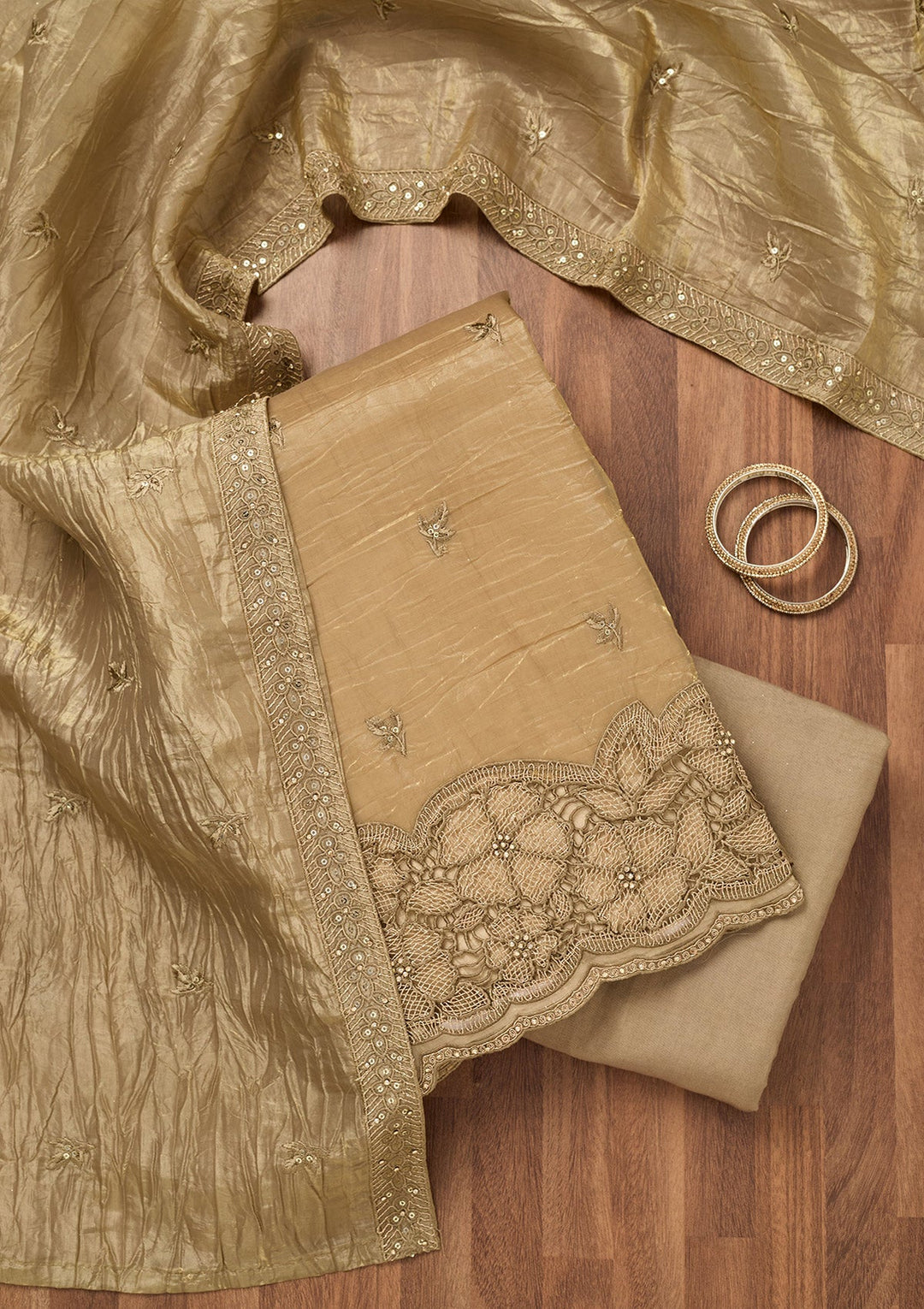 Mehendi Zariwork Semi Crepe Unstitched Salwar Suit-Koskii