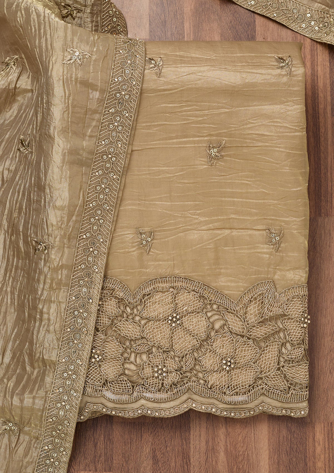 Mehendi Zariwork Semi Crepe Unstitched Salwar Suit-Koskii