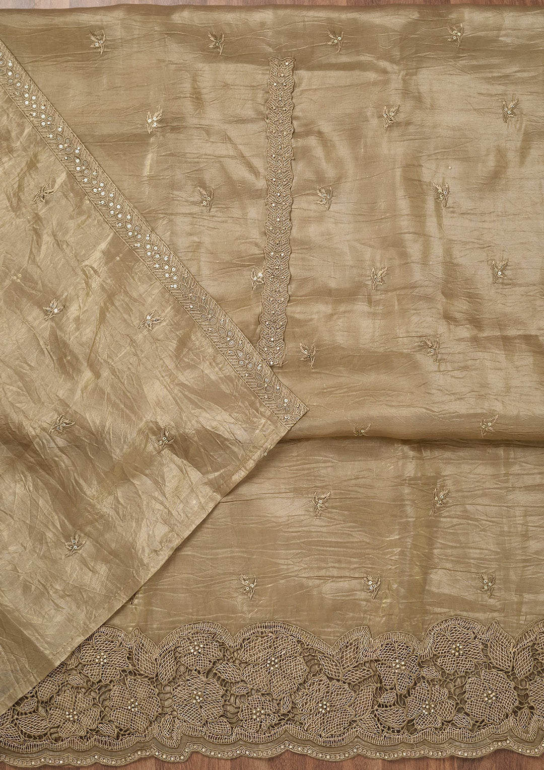 Mehendi Zariwork Semi Crepe Unstitched Salwar Suit-Koskii