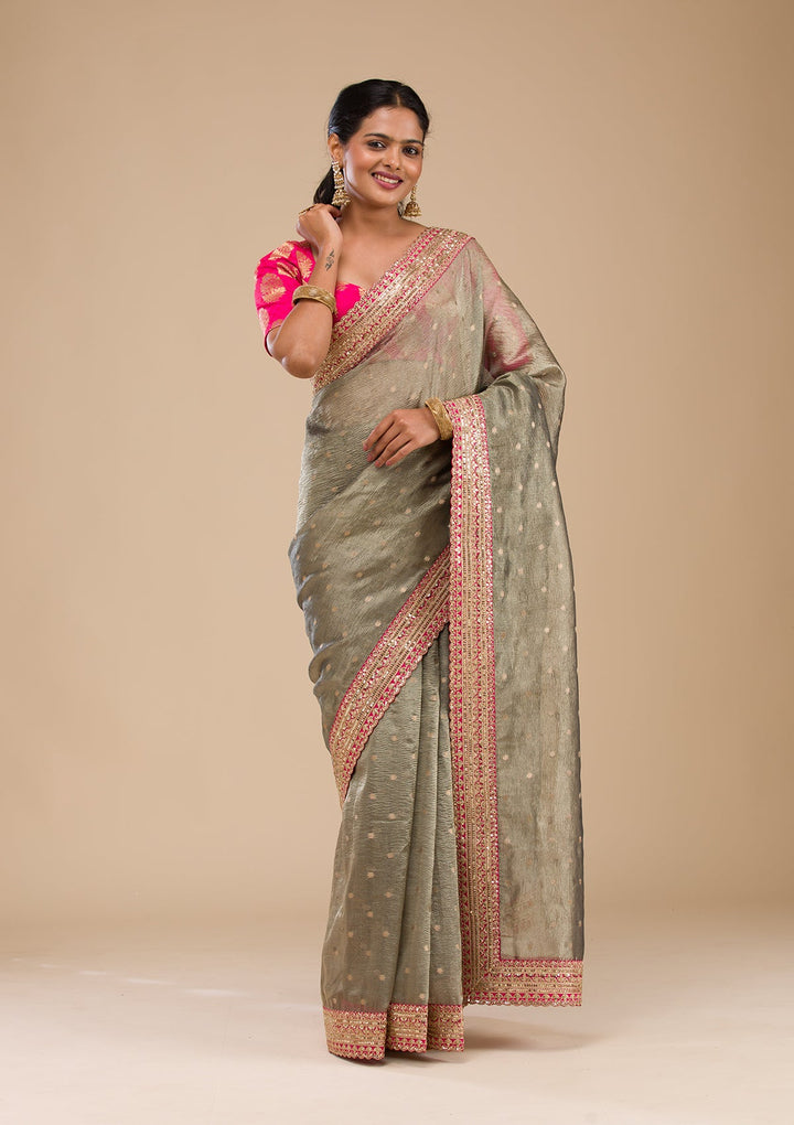 Mehendi Green Tissue Sequins Saree With Matching Blouse Piece