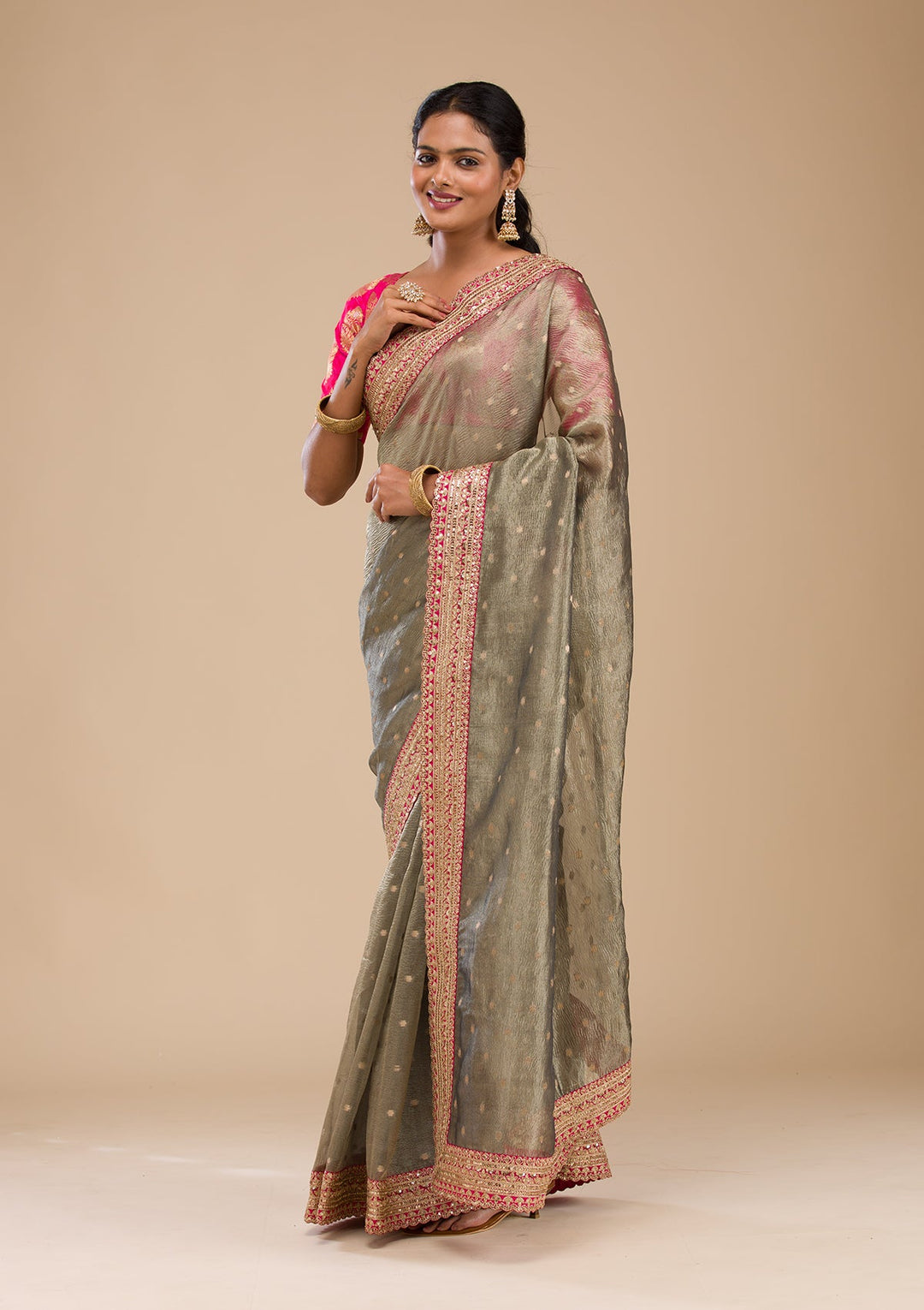 Mehendi Green Tissue Sequins Saree With Matching Blouse Piece