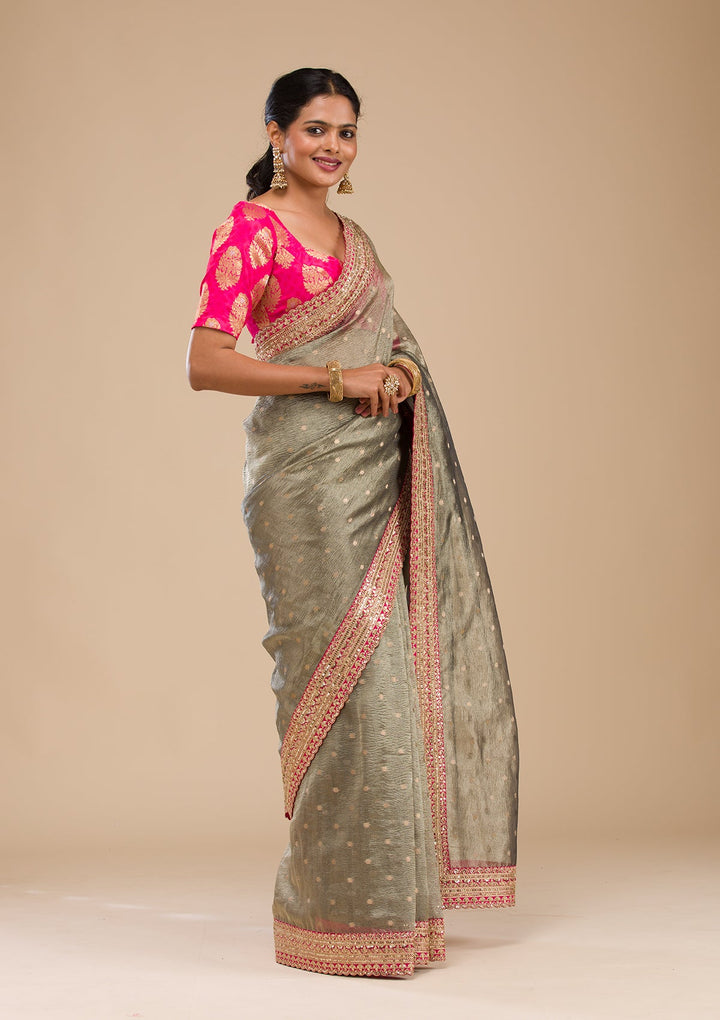 Mehendi Green Tissue Sequins Saree With Matching Blouse Piece