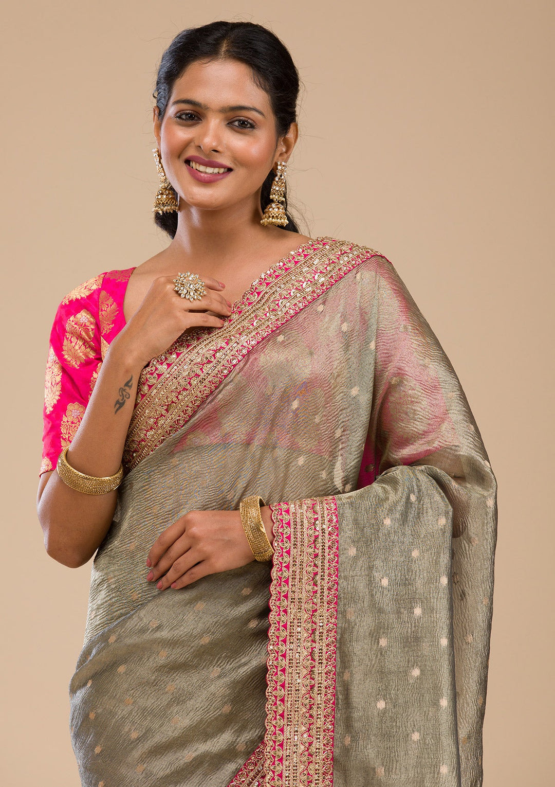 Mehendi Green Tissue Sequins Saree With Matching Blouse Piece
