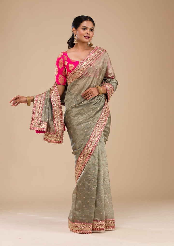 Mehendi Green Tissue Sequins Saree With Matching Blouse Piece