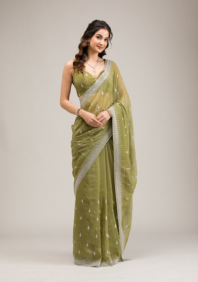 Mehendi Zariwork Tissue Saree-Koskii