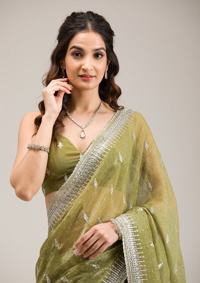 Mehendi Zariwork Tissue Saree-Koskii