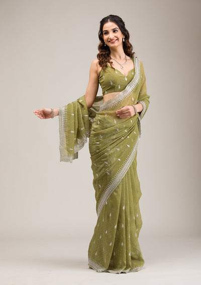 Mehendi Zariwork Tissue Saree-Koskii