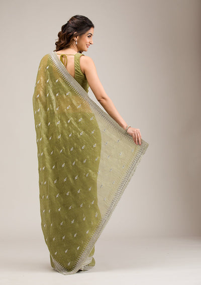 Mehendi Zariwork Tissue Saree-Koskii