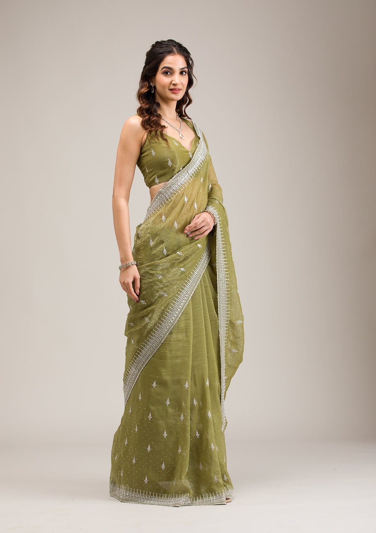 Mehendi Zariwork Tissue Saree-Koskii