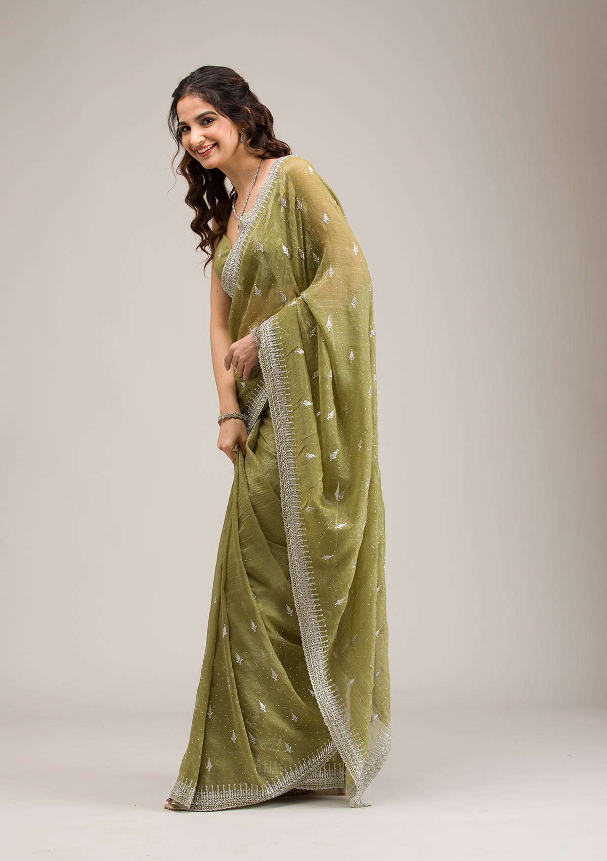 Mehendi Zariwork Tissue Saree-Koskii