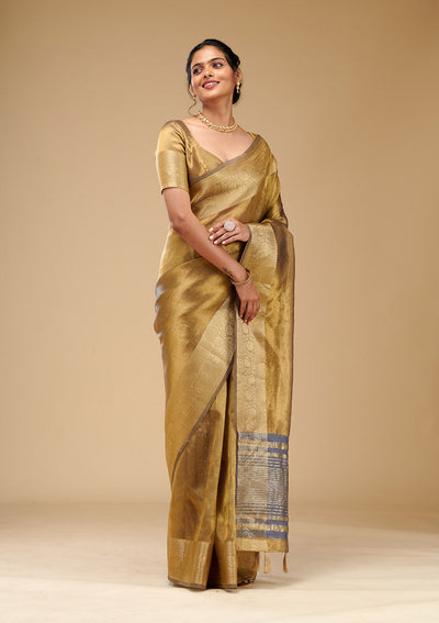 Mehendi Zariwork Tissue Saree-Koskii