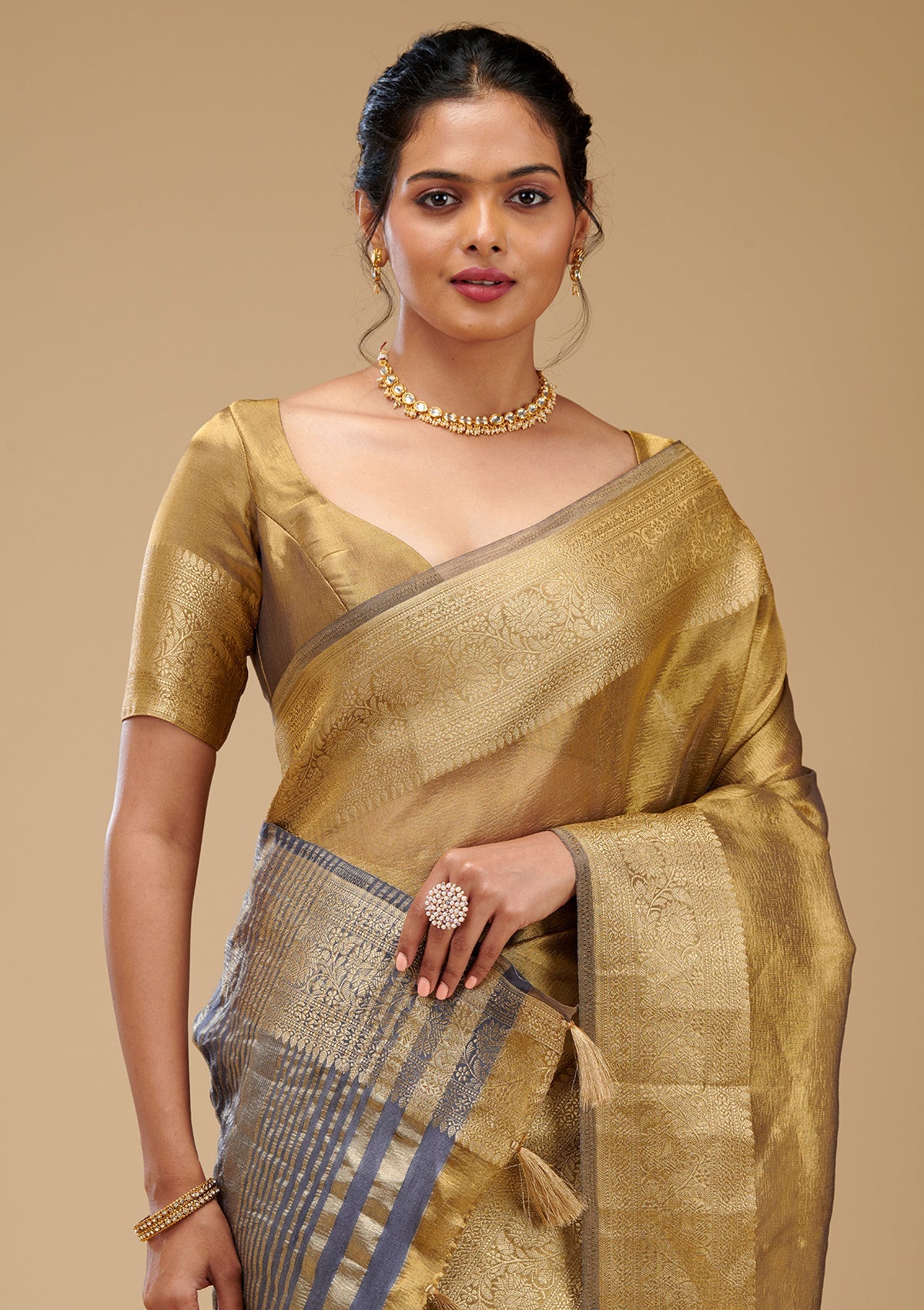 Mehendi Zariwork Tissue Saree-Koskii