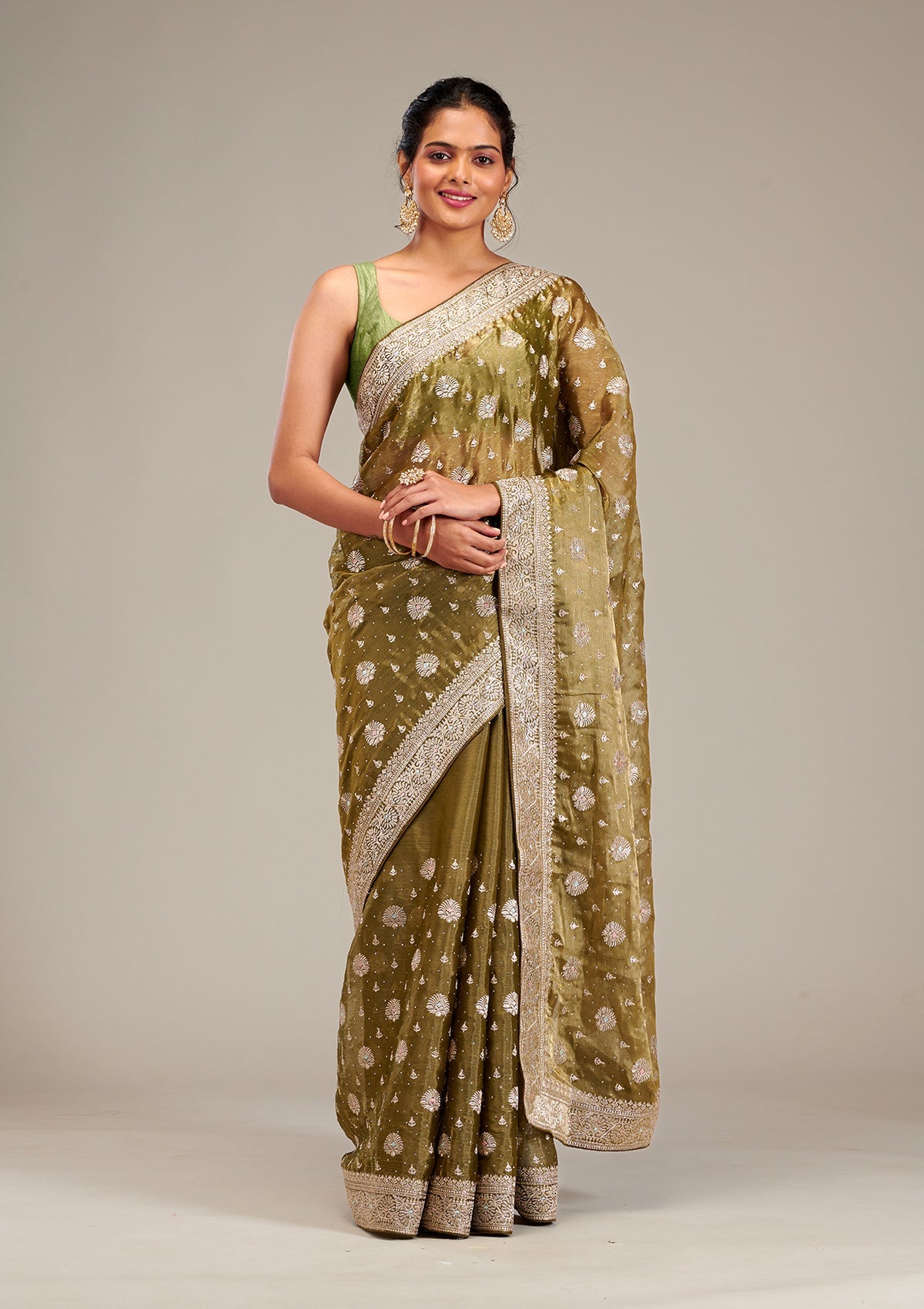 Mehendi Zariwork Tissue Saree-Koskii