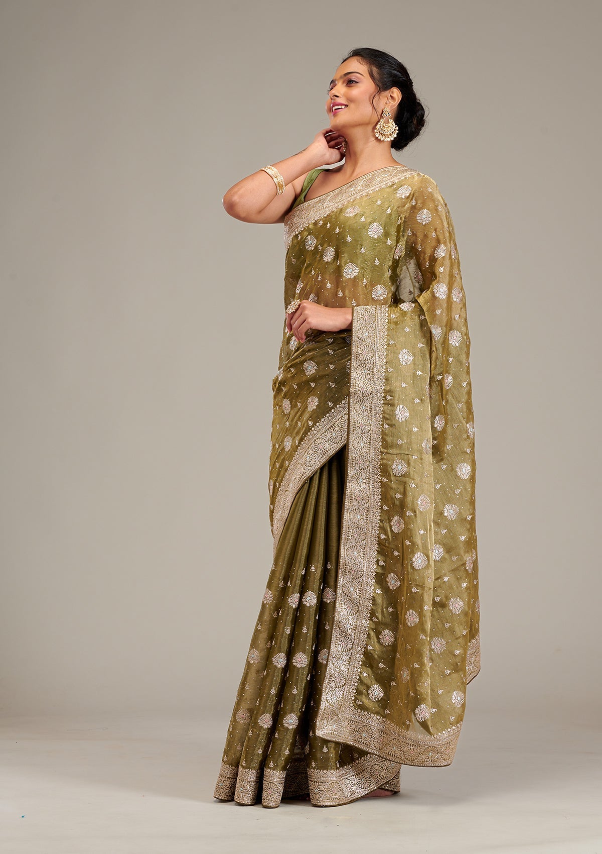 Mehendi Zariwork Tissue Saree-Koskii