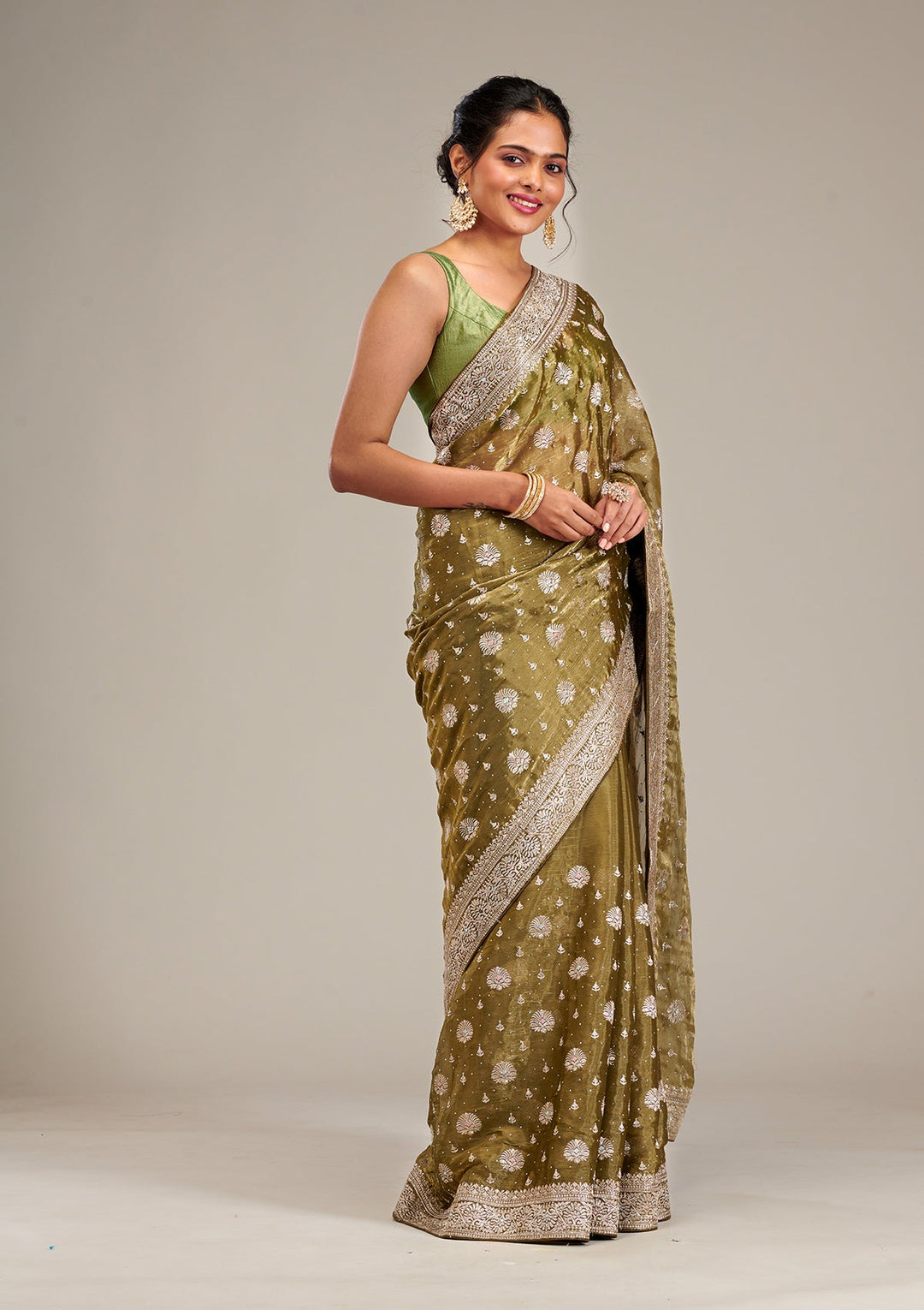 Mehendi Zariwork Tissue Saree-Koskii