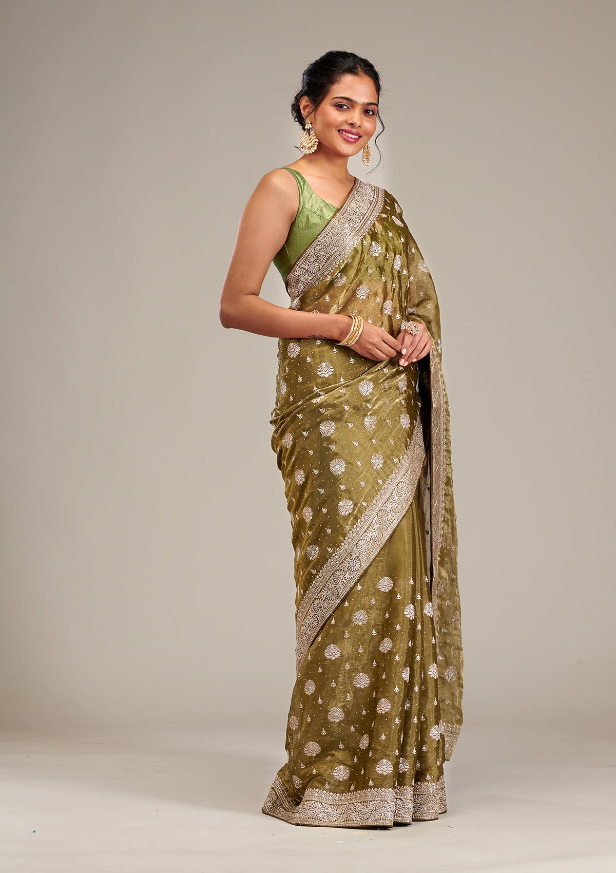 Mehendi Zariwork Tissue Saree-Koskii