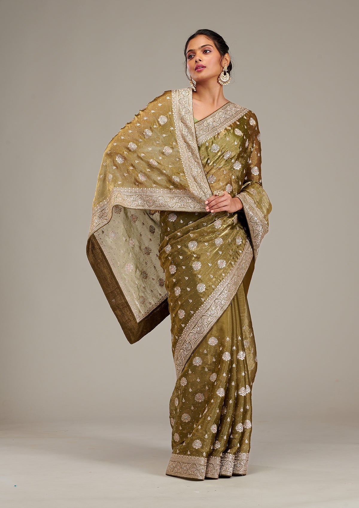 Mehendi Zariwork Tissue Saree-Koskii