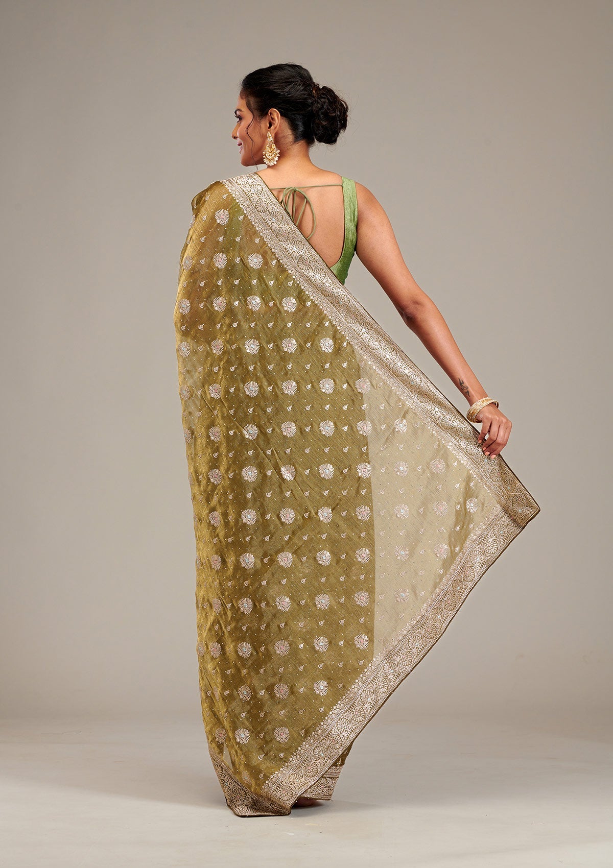 Mehendi Zariwork Tissue Saree-Koskii