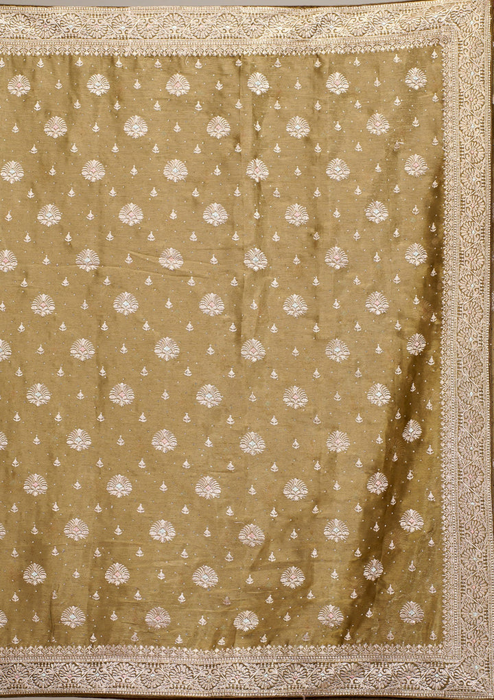 Mehendi Zariwork Tissue Saree-Koskii