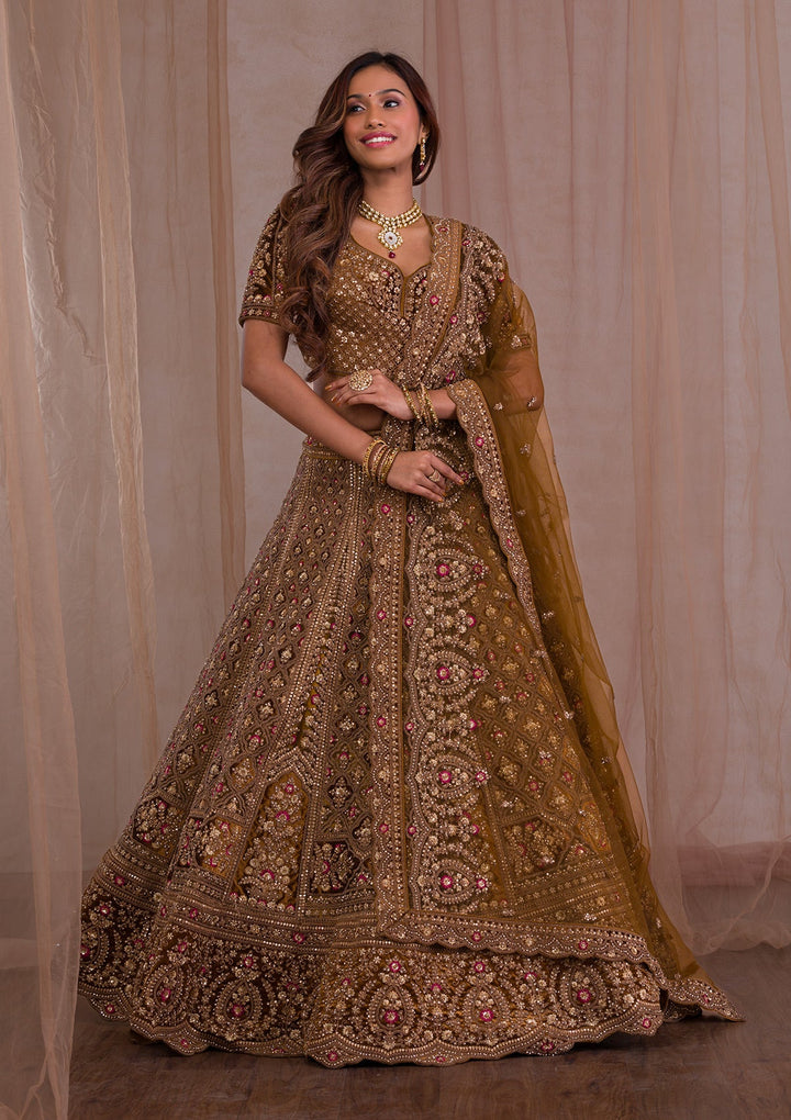 Mehendi Zariwork Velvet Readymade Lehenga-Koskii
