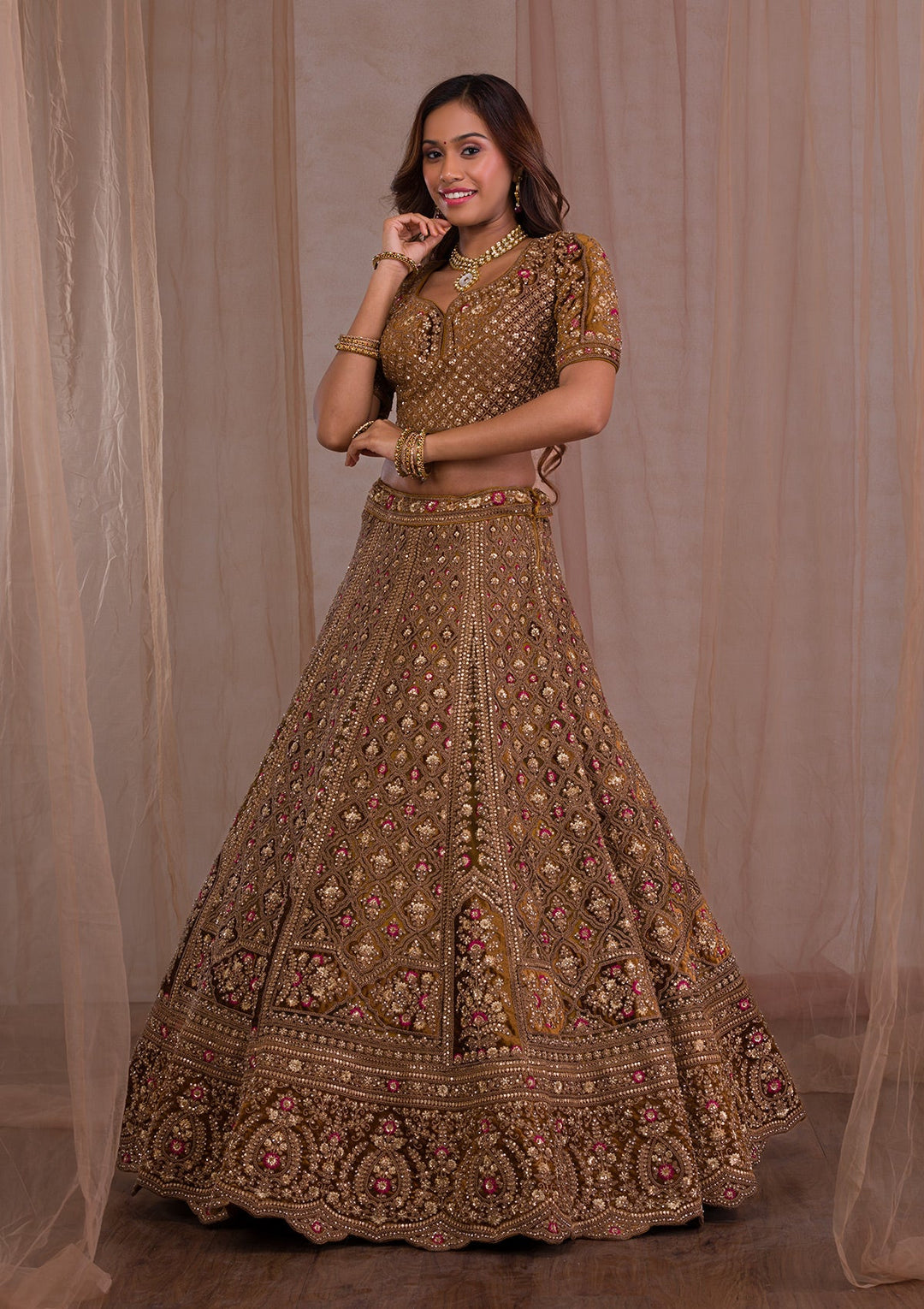 Mehendi Zariwork Velvet Readymade Lehenga-Koskii