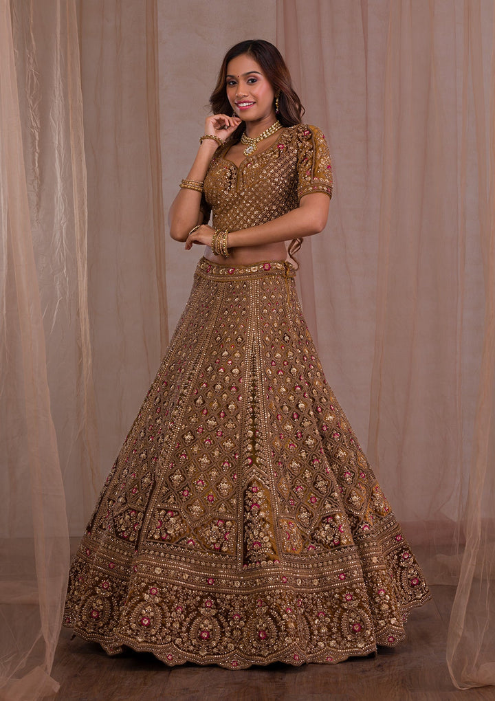 Mehendi Zariwork Velvet Readymade Lehenga-Koskii