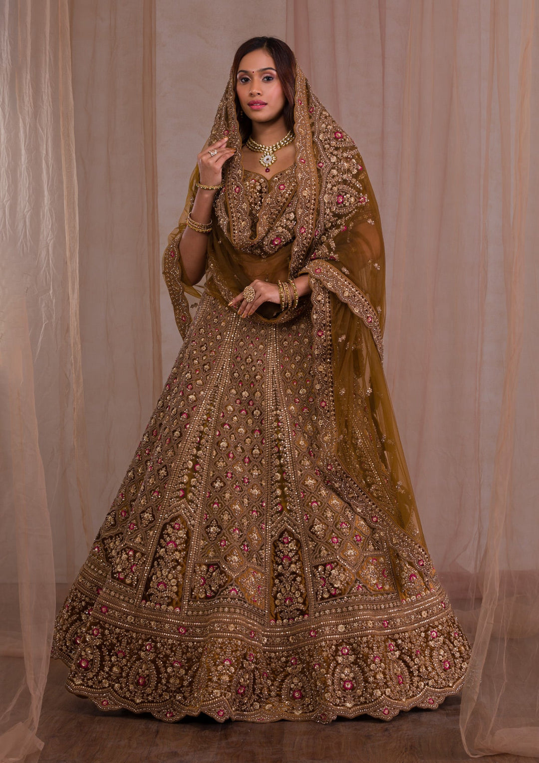 Mehendi Zariwork Velvet Readymade Lehenga-Koskii