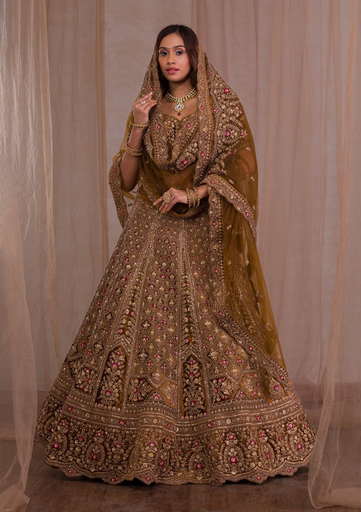Mehendi Zariwork Velvet Readymade Lehenga-Koskii