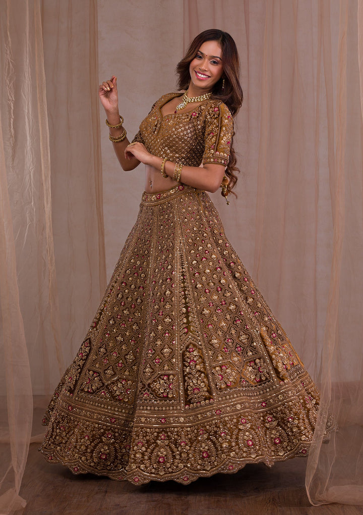 Mehendi Zariwork Velvet Readymade Lehenga-Koskii