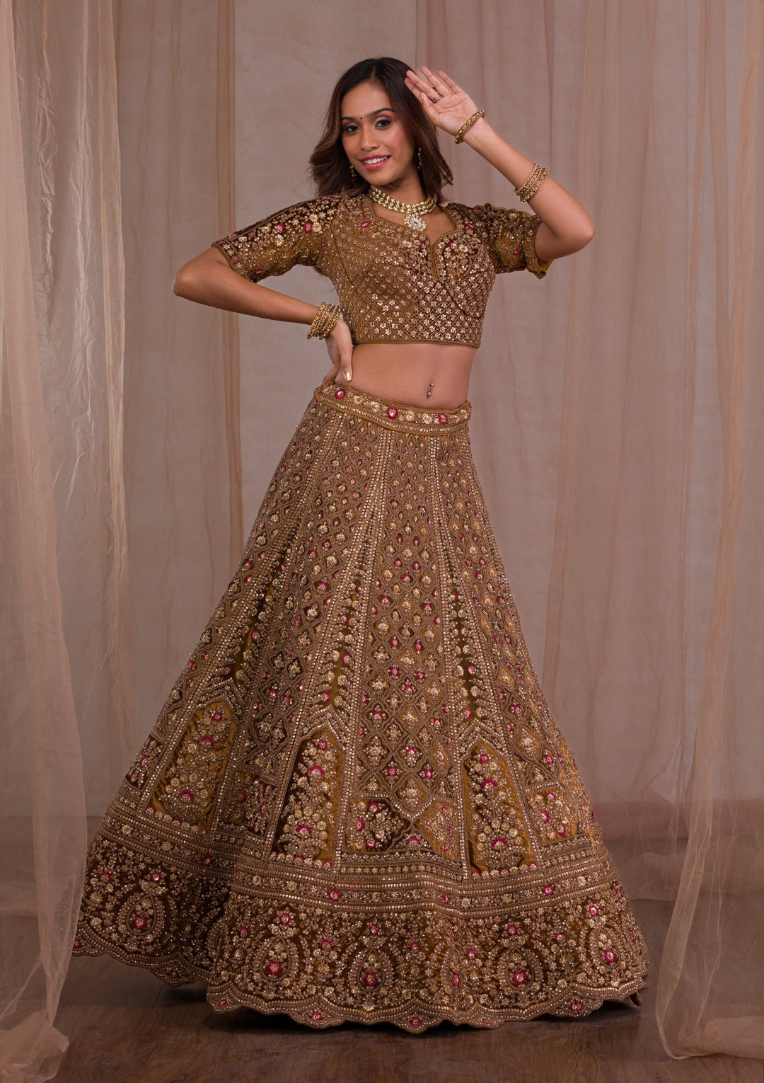 Mehendi Zariwork Velvet Readymade Lehenga-Koskii