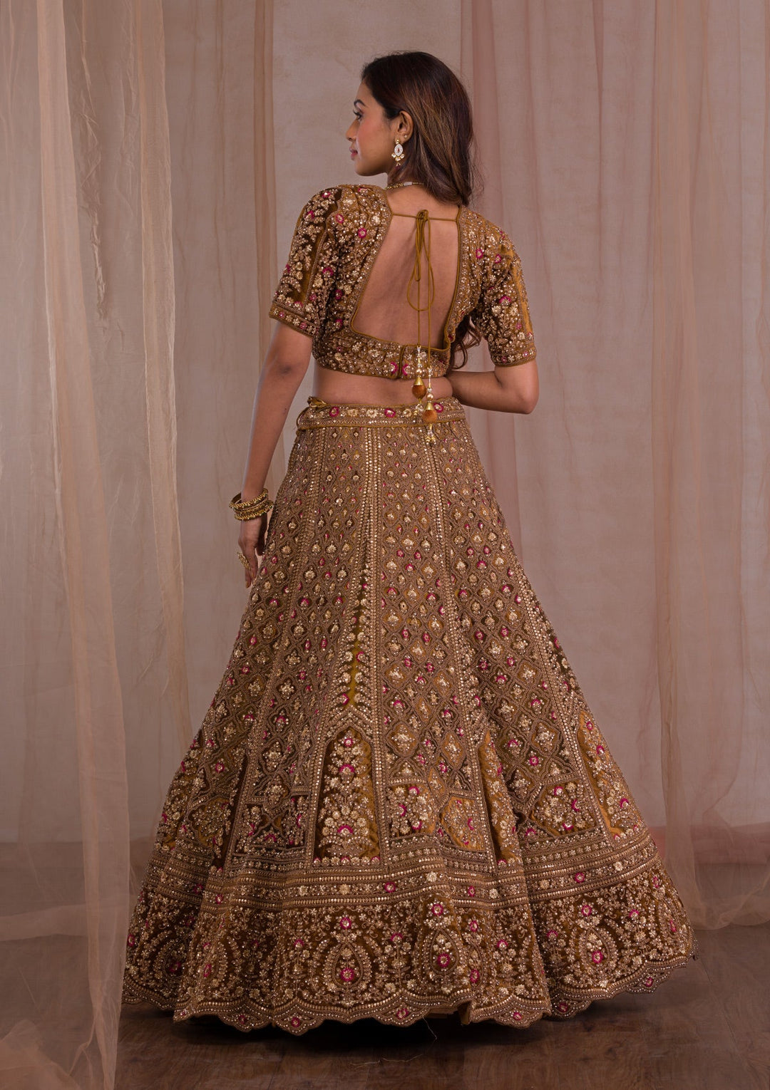 Mehendi Zariwork Velvet Readymade Lehenga-Koskii