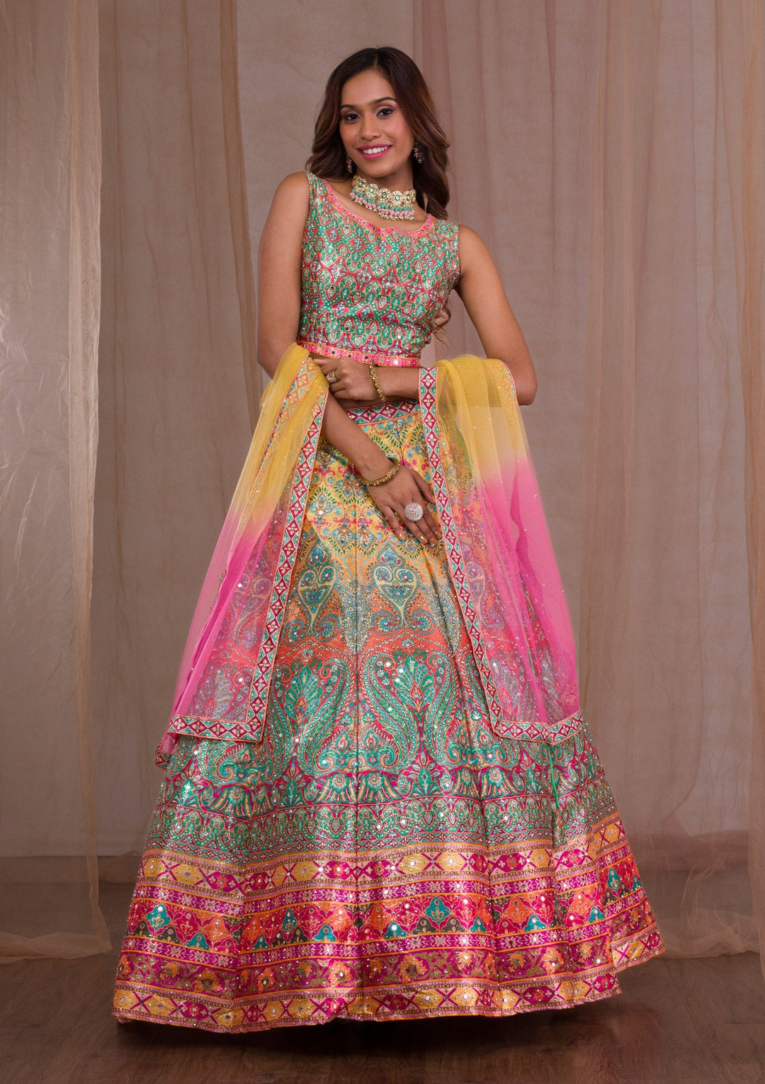 Multi Mirrorwork Banarasi Readymade Lehenga-Koskii