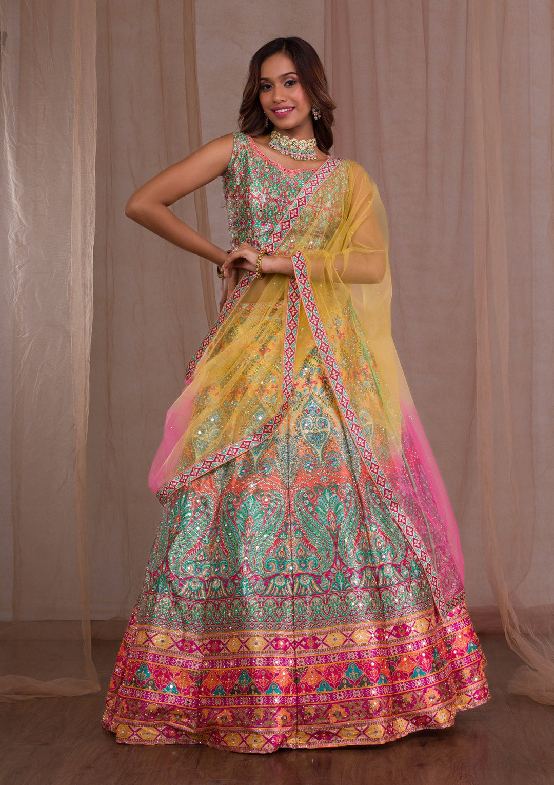 Multi Mirrorwork Banarasi Readymade Lehenga-Koskii