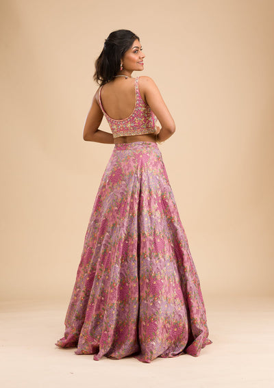 Onion Pink Printed Raw Silk Readymade Lehenga-Koskii