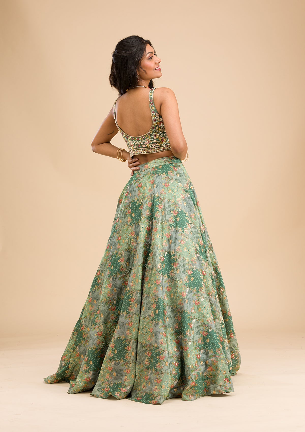 Pista Green Printed Raw Silk Readymade Lehenga-Koskii