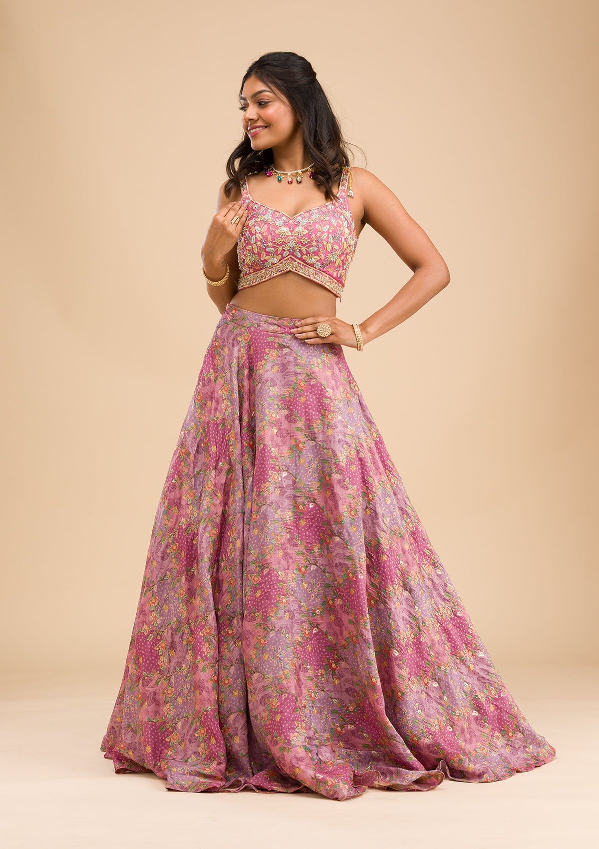 Onion Pink Printed Raw Silk Readymade Lehenga-Koskii