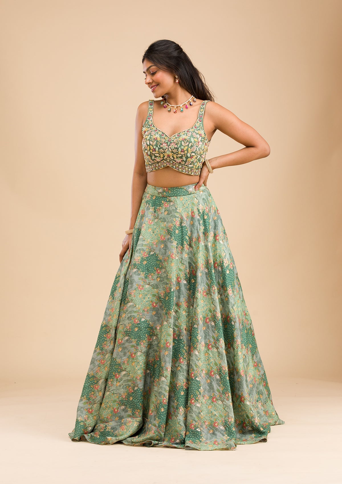 Pista Green Printed Raw Silk Readymade Lehenga-Koskii