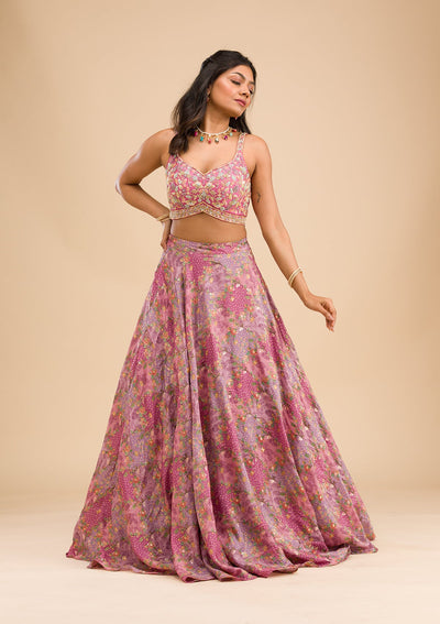 Onion Pink Printed Raw Silk Readymade Lehenga-Koskii